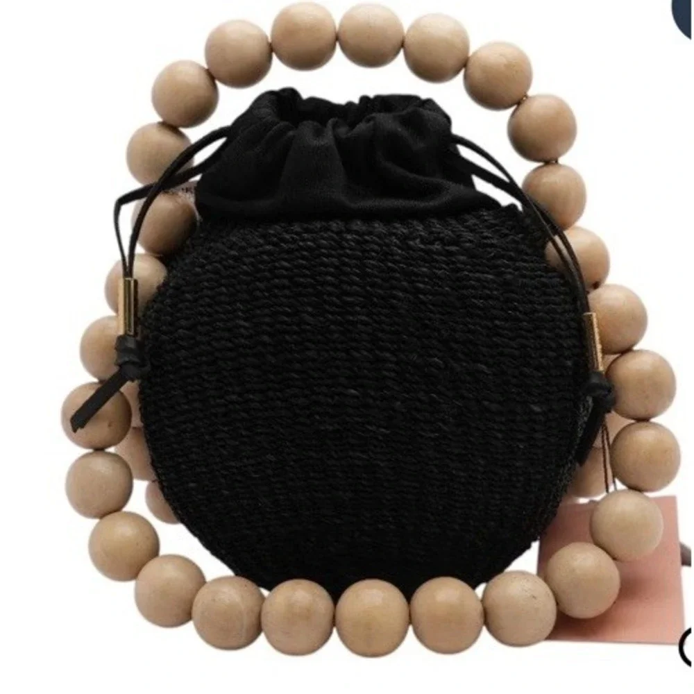Aranaz Gumball Wood Beaded Bucket Bag Black NWT‎ $270msrp